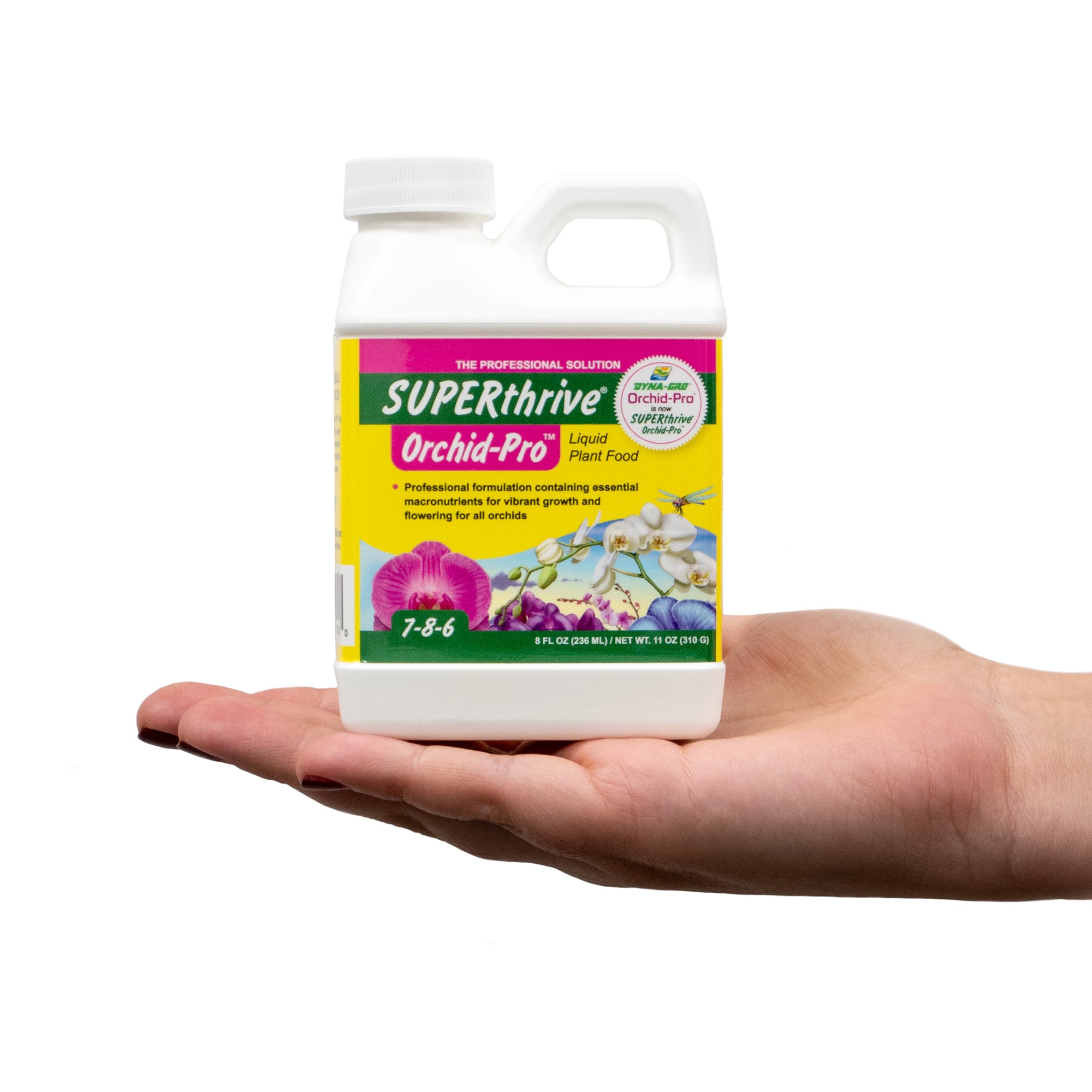 A bottle of SUPERthrive Orchid-Pro 7-8-6 Plant Food, with labeling showing an orchid and nutritional information.